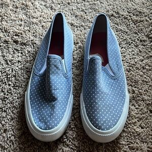 Blue and white polka dot slip on sneakers